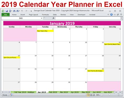 2019 year planner layout buy this stock template and. 2019 Calendar Year in Excel Spreadsheet - Printable - Digital Download - BuyExcelTemplates.com