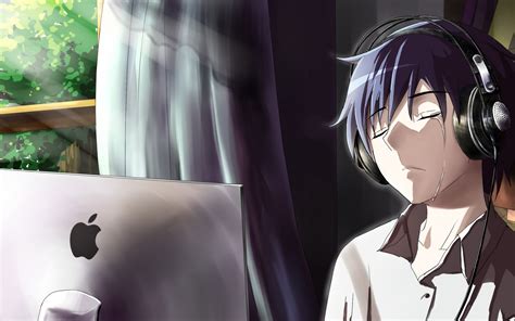 2880x1800 Anime Boy Crying In Front Of Apple Laptop Macbook Pro Retina