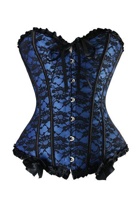 Justemily Blue Satin Overbust Corset With Black Floral Lace Overlay