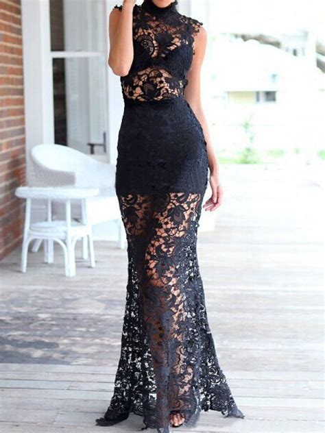 Black High Neck Lace Sleeveless Bodycon Maxi Dress Long Black Evening Dress Black Lace Dress