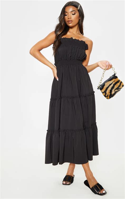Black Shirred Frill Tiered Bandeau Maxi Dress Prettylittlething Usa