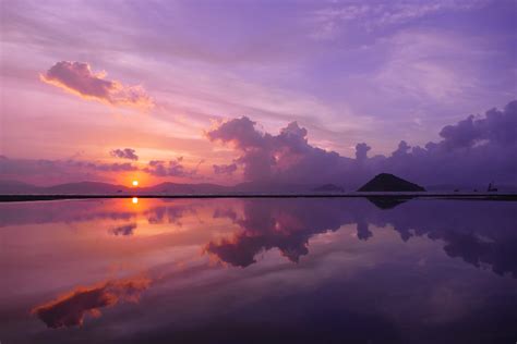 Landscape Nature Water Sunset Clouds Reflection Mirrored