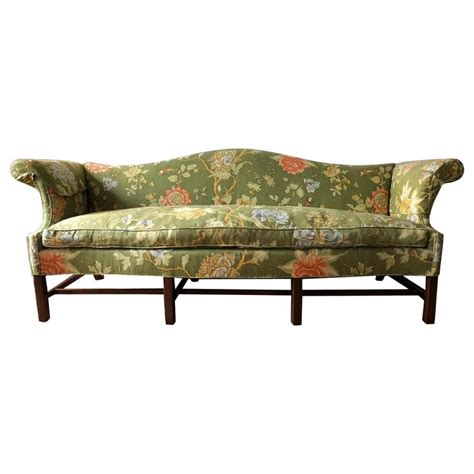 Vintage Baker Furniture Modern Green Linen Floral Camelback Sofa