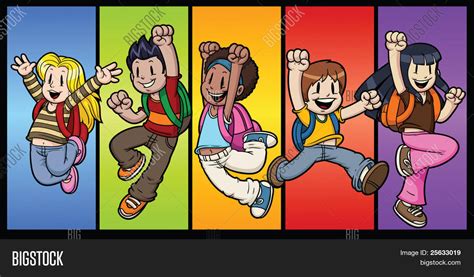 Five Cool Cartoon Kids Jumping Vector And Photo Bigstock