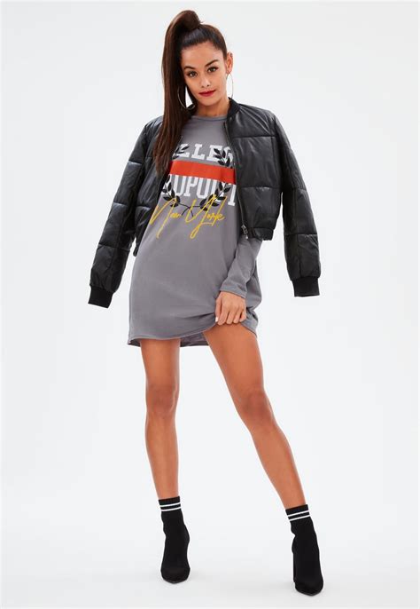Missguided Grey Long Sleeve College Dropout New York Tshirt Dress