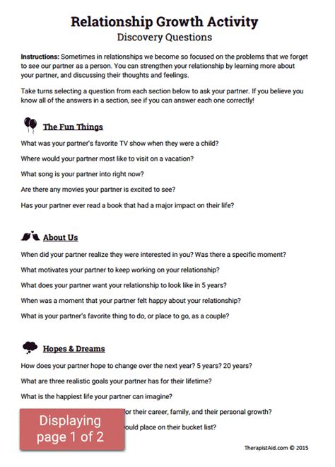 Relationship Growth Activity Worksheet Therapist Aid