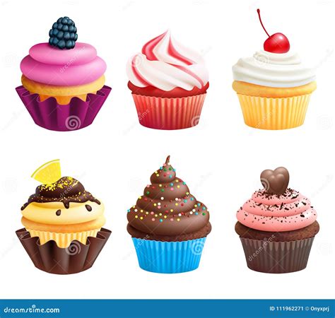 Realistic Vector Illustrations Of Cupcakes Sweets For Birthday Party