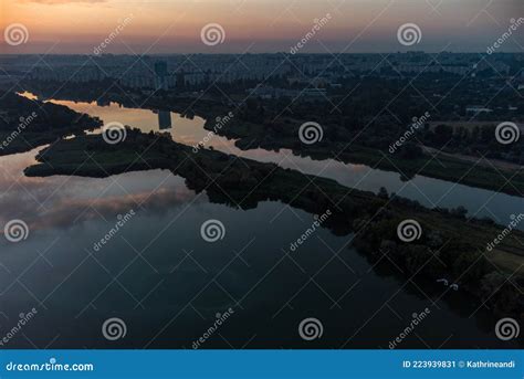 Aerial Scenic Morning On Wide Calm River Kharkiv Stock Image Image Of