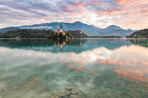 Beautiful Lake Bled In Slovenia And Church On Island Romantic Sunrise