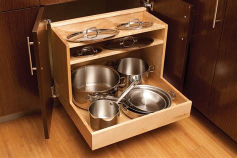 pots pans storage cookware pull lids cabinet pan pot drawer kitchen drawers above organized single houses durasupreme cabinets cabinetry neatly