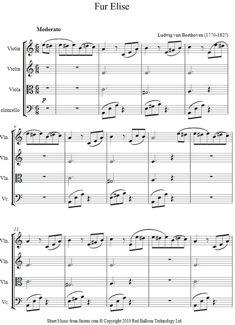 beethoven fur elise sheet   string quartet notescom