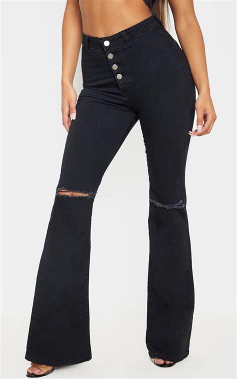 Washed Black High Waisted Rip Flared Jeans Prettylittlething