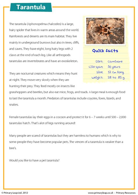 You need to download all the worksheets only by clicking on the right and select save to download. KS2 Reading Comprehension - Tarantulas