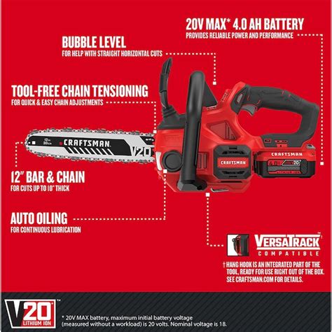 Craftsman V20 20 Volt Max 12 In Cordless Electric Chainsaw 4 Ah
