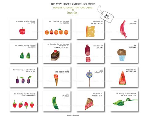 Click the preview button to check out the unit study. The Very Hungry Caterpillar tent food Labels Monday by ...