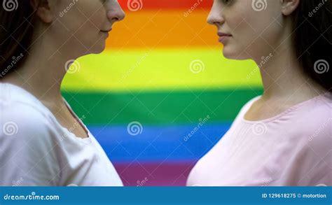 Lesbian Couple Against Rainbow Flag Background Same Sex Relations Lgbt Rights Stock Image