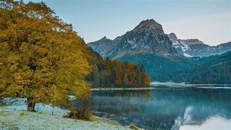 Early Autumn Morning At Obersee Lake Switzerland Snow Fall