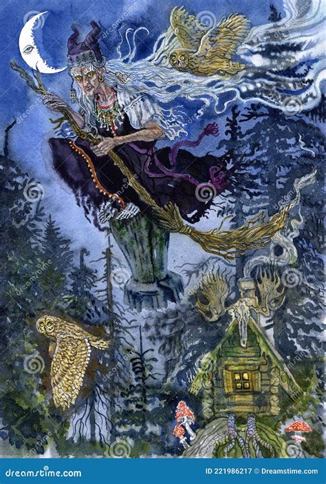 Baba Yaga The Witch From Slavic Folklore Watercolor Illustration Moon