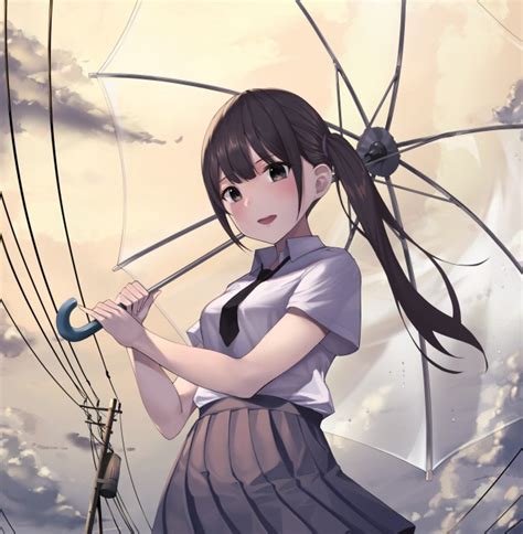 Wallpaper Anime Girl Transparent Umbrella Brown Hair Ponytail