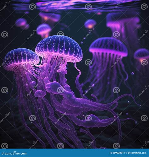 Glowing Jellyfish With Long Tentacles In Dark Water Underwater World