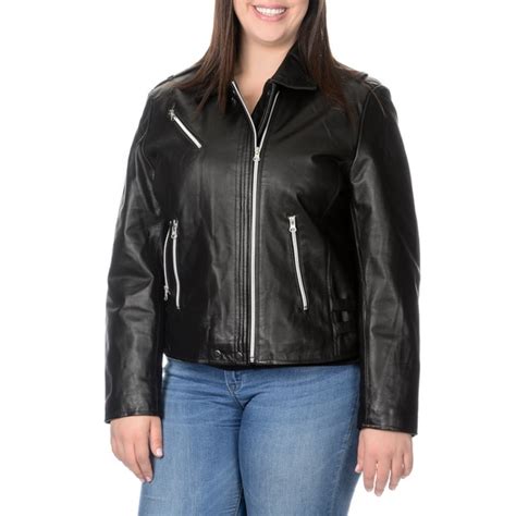 Excelled Womens Plus Size Black Leather Belted Motorcycle Jacket