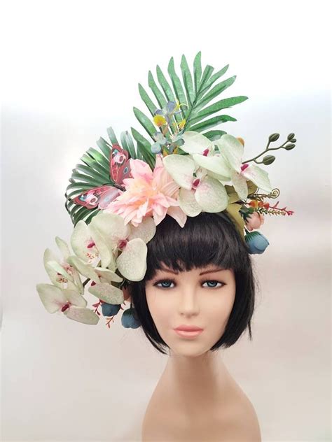 Tropical Headdress With Orchids Hawaiian Flower Crown Large Etsy