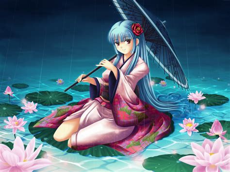 Desktop Wallpaper Pond Lake Flowers Anime Girl Rain Umbrella Hd