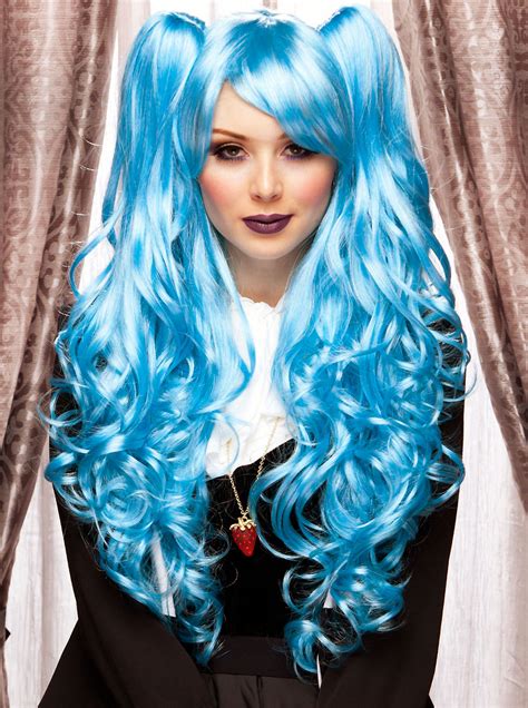 Long Blue Anime Wig With Bouncy Curls Plus Two Hair Pieces