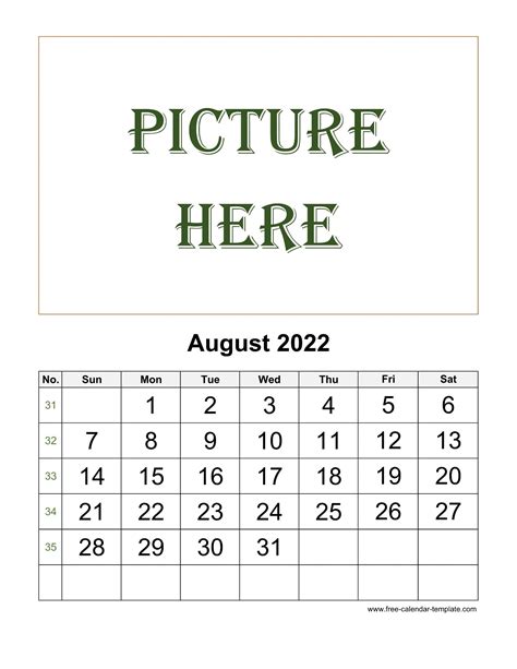 August Printable 2022 Calendar Space For Add Picture Vertical Free