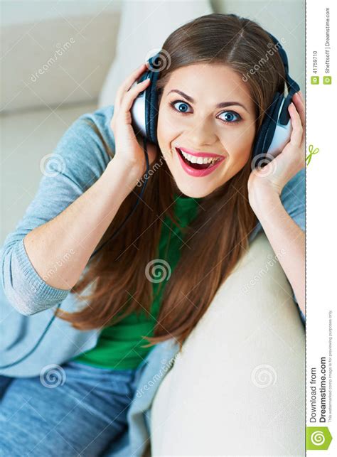 Smiling Woman Listening Music In Headphones Stock Photo Image Of