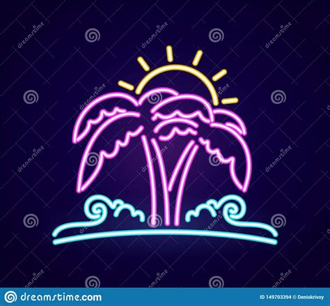 Neon Light 3d Beach Icon Palm Tree With Sun And Ocean