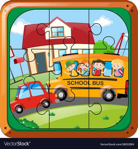 Jigsaw Puzzle Game With Kids On Bus Royalty Free Vector