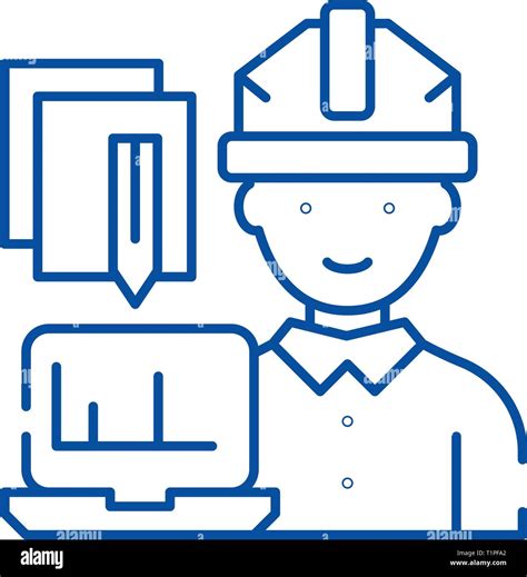 Engineer And Computer Line Icon Concept Engineer And Computer Flat