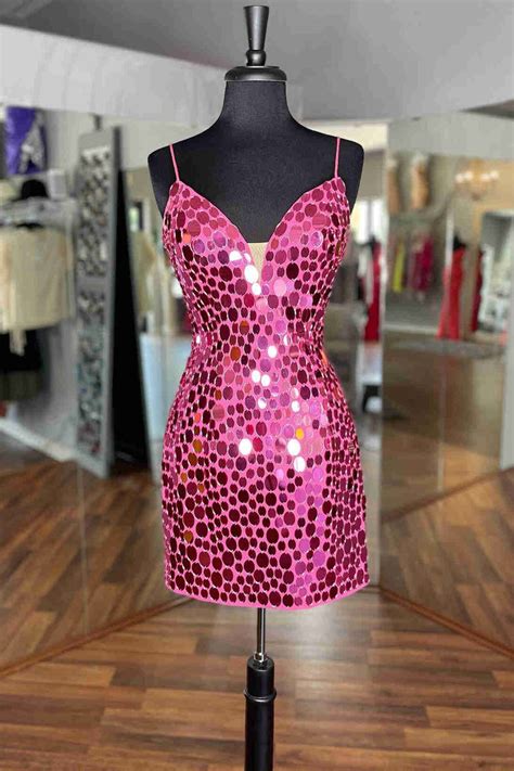 Tight Hot Pink Glass Mirror Sequined Homecoming Dress Fancyvestido
