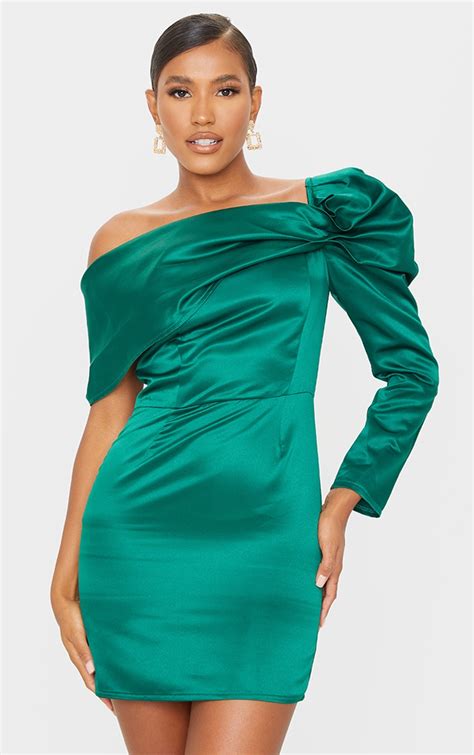Green Satin Drape Bodycon Dress Prettylittlething Usa