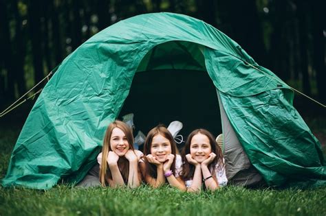 Group Of Girls Camping In Forest Photo Free Download
