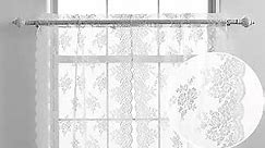 Kotile White Cafe Curtains 24 Inch Length, Country Floral Embroidery Short Lace Curtains 2 Panels for Kitchen Window, Rod Pocket Privacy Sheer Cafe Curtains for Small Window, 26 x 24 Inch, White