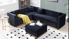 ERYE PCS Sectional Sofa Contemporary Vertical Channel Velvet Tufted Living Room Furniture Sets Include 3 Seaters Couch and Loveseat (2+3) with Gold Metal Strip Decor for Home Apartment Office, Black