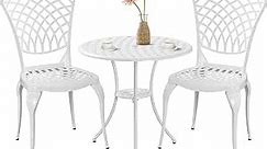 PATIO-IN Bistro Set 3 Piece Outdoor Cast Aluminum Patio Furniture Set with 1.97" Umbrella Hole,All Weather Bistro Table and Chairs Set of 2,Outside Patio Bistro Table Sets for Garden,White