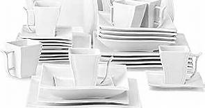 MALACASA Ivory White Dinnerware Set, 30-Piece Porcelain Dinnerware Sets, Modern Square Dinner Set Plates and Bowls for Dessert, Salad and Pasta, Cup and Saucer Set, Dinnerware Set for 6, Series Flora