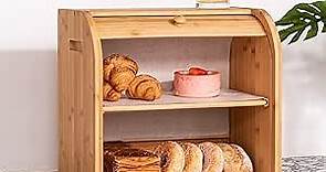 Double Layer Large Bread Box for Kitchen Counter,Bamboo Large Capacity Bread Storage Bin,Counter-Large Capacity Bread Storage Container Farmhouse Bread Box with Flexible Sliding Door