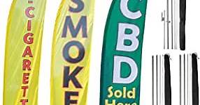 Smoke Shop Feather Flag 3 Pack - Includes CBD Sold Here, Smoke Shop and E-Cigarette Flags - Includes 3 Banner Flags, 3 Pole Sets, and 3 Ground Stakes