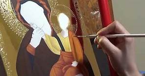 Iconographic Byzantine art: painting garments at Mother of God icon