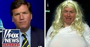 Tucker goes one-on-one with commentator who wore giant prosthetic breasts to make a point