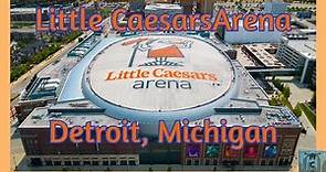 Little Caesars Arena. Detroit Michigan. Aerial drone video. 4k.