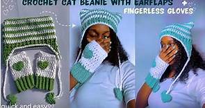 How to Crochet Trendy Crochet Cat Ear Beanie with Earflaps & Fingerless Gloves|Valentine Gift Ideas.
