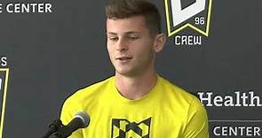 Columbus Crew defender Sean Zawadzki reacts to Lionel Messi coming to the MLS