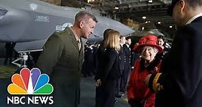 Queen Visits U.S. Marines Aboard New British Aircraft Carrier