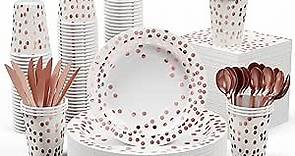 White and Rose Gold Party Supplies - 350 PCS Disposable Dinnerware Set - White Paper Plates Napkins Cups, Gold Plastic Forks Knives Spoon for Graduation, Birthday, Cocktail Party