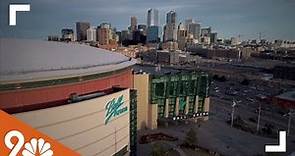 An aerial view of Ball Arena in Denver
